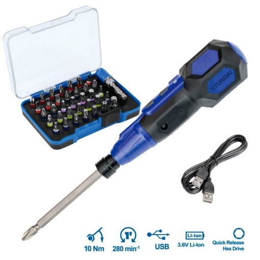 HYUNDAI USB Skrutrekker med bits, 36 deler